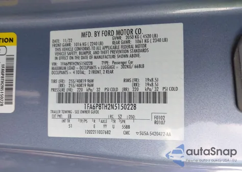 2022 Ford Mustang Ecoboost Premium Fastback z USA, uszkodzony, nr VIN 1FA6P8TH2N5150228